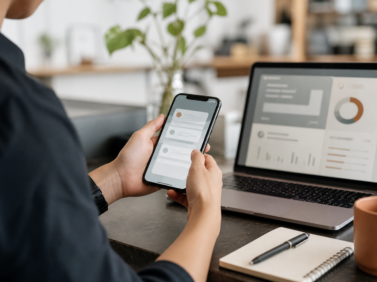 スマートフォンとノートを使って業務を確認する手元